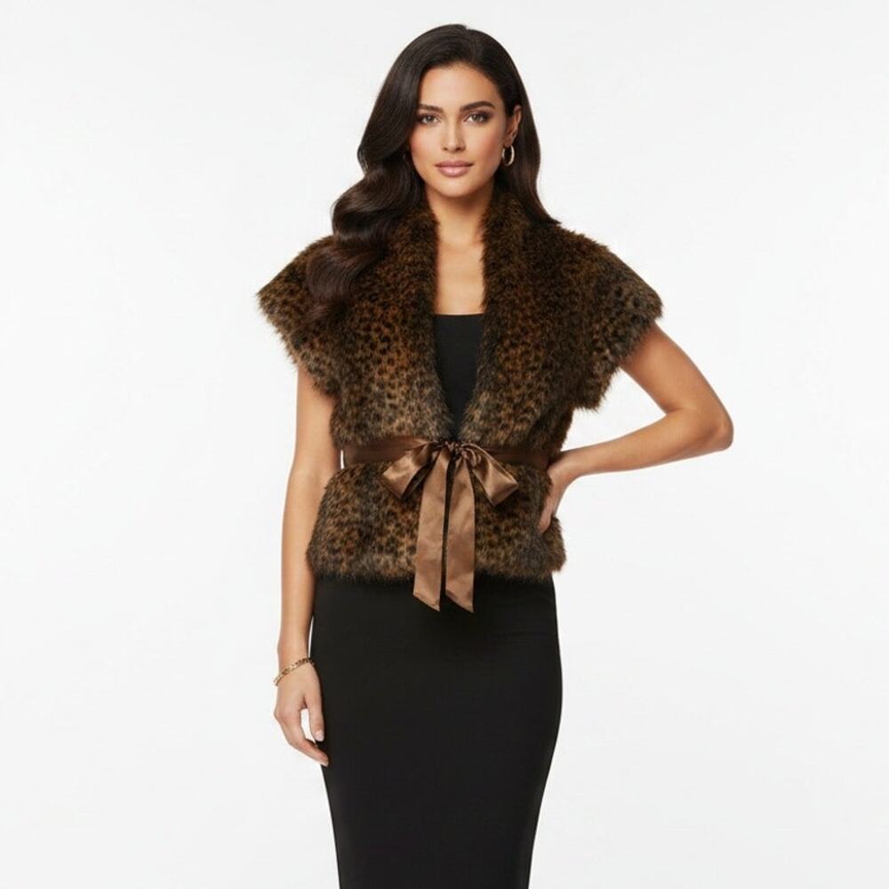 CALVIN KLEIN Faux Fur Vest M Animal Print Cap Sleeve Brown Ribbon Tie NWOT